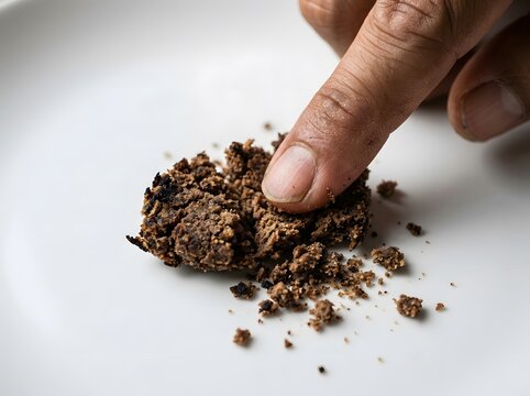 Close Up of Hand Pressing Fermented Shrimp Paste or Terasi on a White Plate for Food Preparation