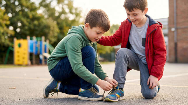 Two boys helping each other tie shoelaces on playground at sunset  