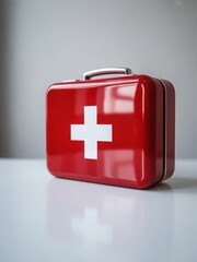 Fototapeta premium Red First Aid Kit with White Cross Background for Product Mockup