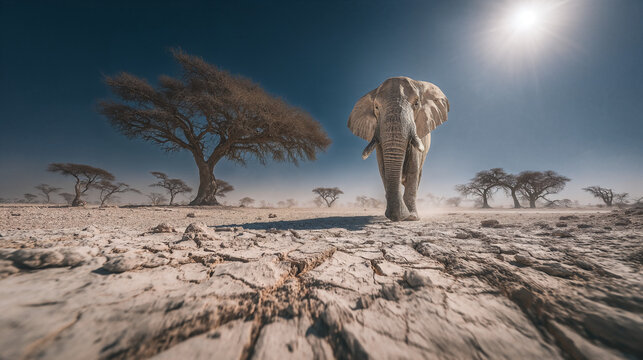 A large African elephant walks slowly across a cracked dry savanna toward the camera, flanked by leafless acacia trees under a bright harsh midday sun and clear sky.