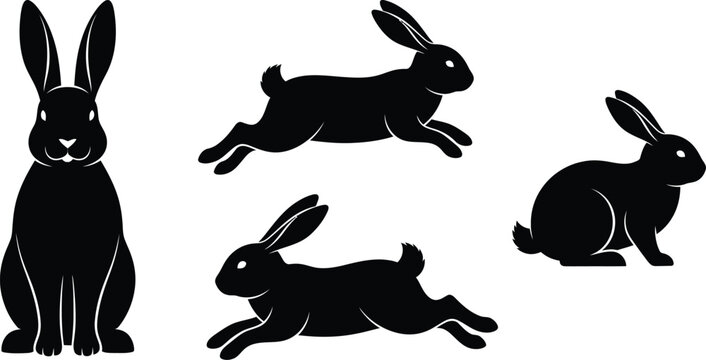 Rabbit vector graphics diverse poses in black silhouette illustrations