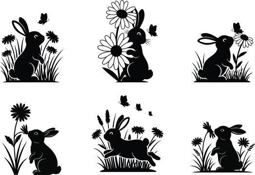 Vector rabbit silhouettes easter bunny designs floral vector graphics