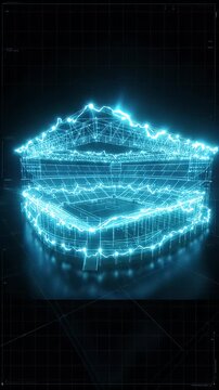 A glowing digital wireframe video of a stadium structure against a black background. The video presents intricate details of the stadium's architecture, illuminated in a radiant blue hue, creating a