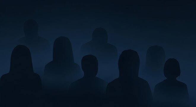Blurred human figures in a mysterious dark blue environment