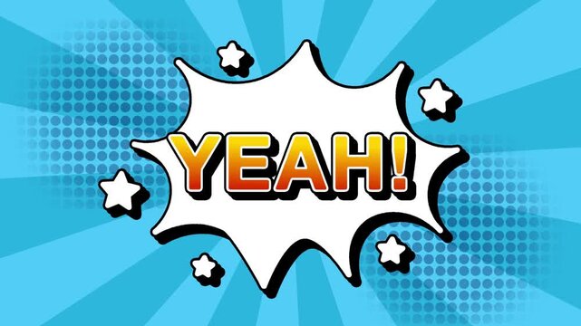 Yeah text word lettering popup comic cartoon reveal with bomb and smoke explosion manga anime book page dots with radial speed lines doodle sky blue background with seamless loop animation retro clip
