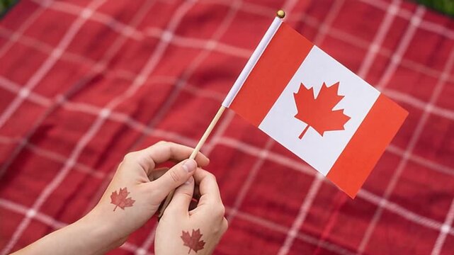 Hands holding a small Canadian flag with maple leaf tattoos on wrists, resting on a red plaid picnic blanket during a festive outdoor celebration