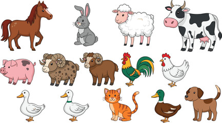 Fototapeta premium Farm Animal Set with Horse, Pig, Sheep, Cow, Rooster, Duck, Cat, Rabbit, and Dog Vector Illustration