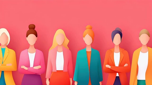 Female diversity. Human rights, equal opportunity concept. A stylized illustration depicts five women standing in a row against a vibrant pink background.