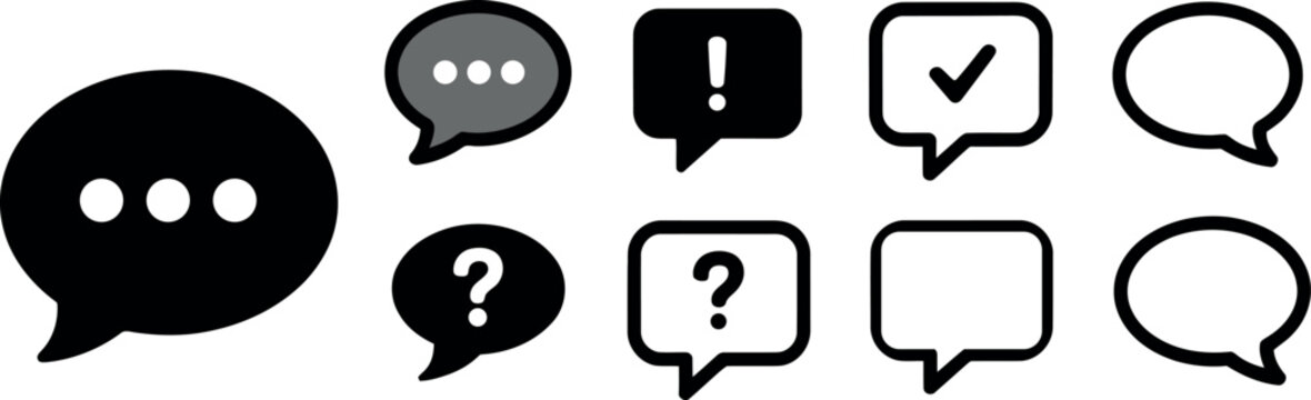 Collection of communication and speech bubble icons with various symbols including question marks and checkmarks