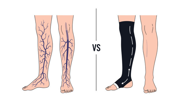Comparison of human legs showing visible varicose veins and the therapeutic effect of wearing a medical compression stocking.