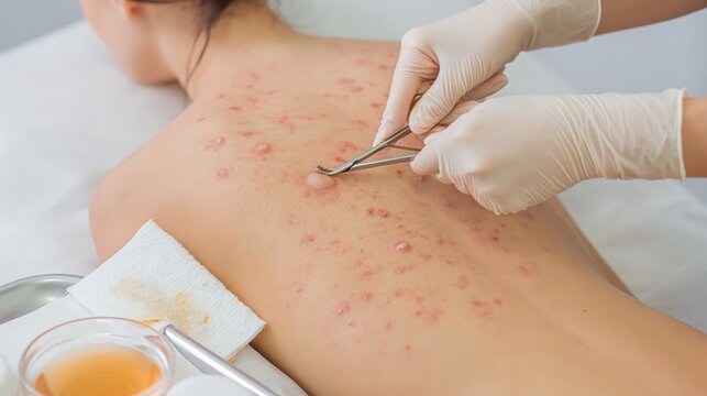 A professional back acne extraction spa treatment.