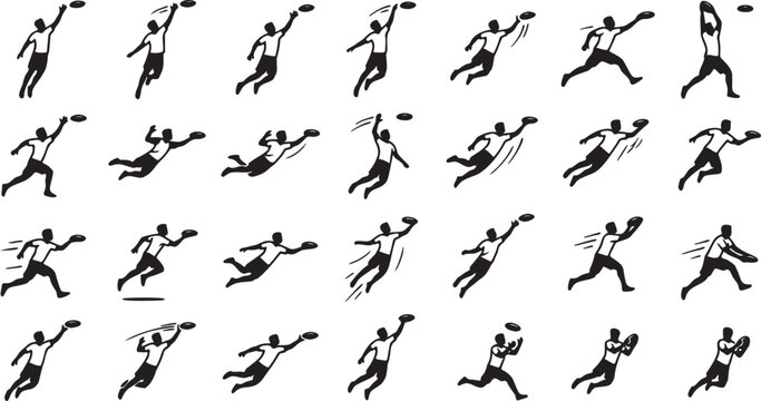 Ultimate Frisbee Athlete Aerial Catch Silhouette Icon Set.