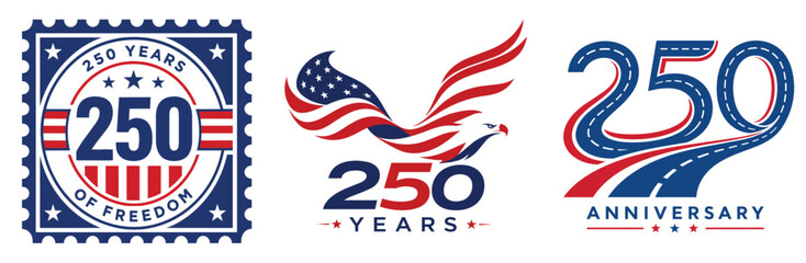 USA 250th Anniversary Modern Logo Collection Patriotic Flat Vector Bundle, American 250 Years Celebration Minimal Logo Set Eagle and Badge Icons Pack, 250 Anniversary USA Modern Branding Kit Patriotic © Kashifziabhatti