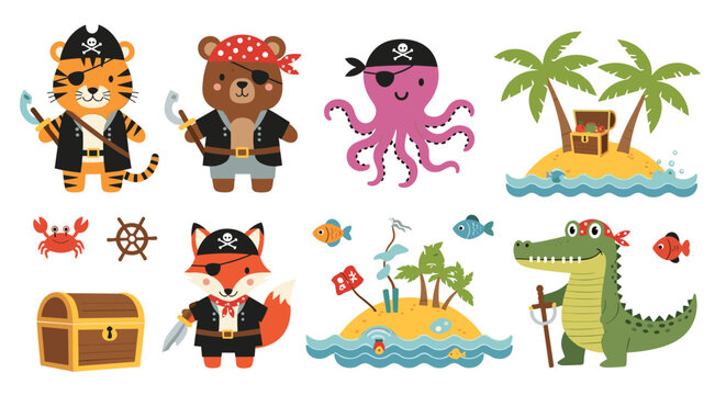 Cute pirate themed animal characters including a tiger, bear, octopus, fox, and crocodile with treasure chests on tropical islands.