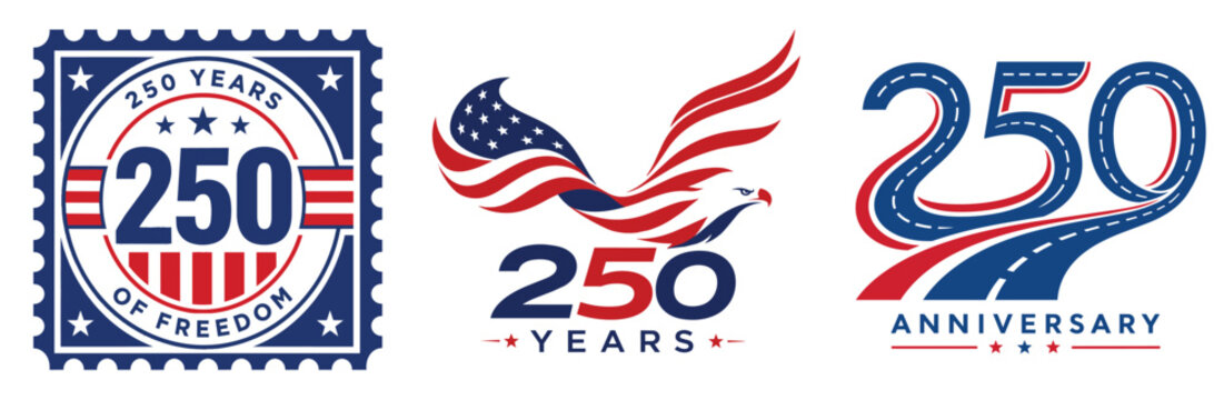 USA 250th Anniversary Modern Logo Collection Patriotic Flat Vector Bundle, American 250 Years Celebration Minimal Logo Set Eagle and Badge Icons Pack, 250 Anniversary USA Modern Branding Kit Patriotic