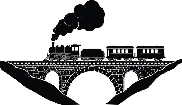 Black and white silhouette of a vintage steam train traveling across a stone bridge with smoke rising
