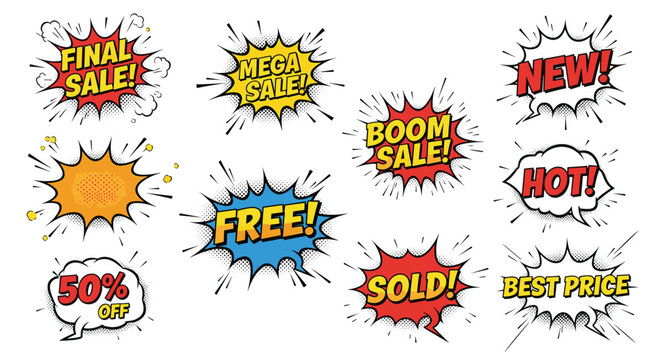 Vibrant set of comic book style speech bubbles featuring promotional text like final sale and mega sale for advertising and marketing use.