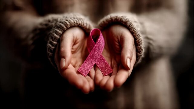 Breast cancer awareness day. A closeup of a persons hands holding a pink ribbon. The person wears a textured, beigecolored sweater. The blurred background emphasizes the hands and the ribbon.