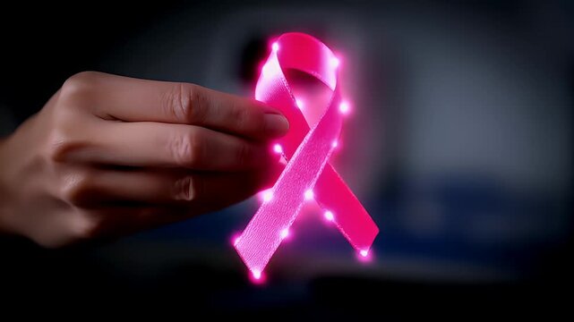 Breast cancer awareness day. A closeup shot of a persons hand holding a vibrant pink ribbon. The ribbon is illuminated, casting a soft glow on the fingers and the skin texture.