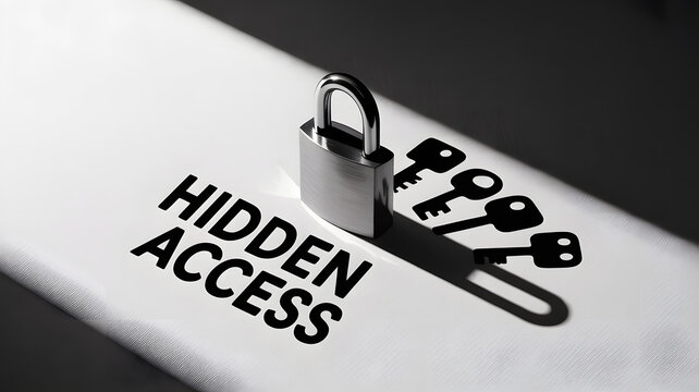 Hidden Access: A conceptual image illustrating the idea of restricted access or unlocking a hidden secret, featuring a padlock casting shadows of keys beside the words Hidden Access.