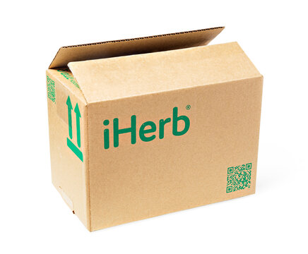 Iherb cardboard box on white background for delivery