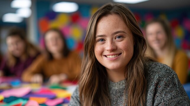 Young adult with Down syndrome smiling at community workshop table