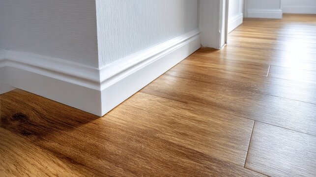 Close-up of white baseboard molding on wood-textured laminate flooring in a modern home interior corner