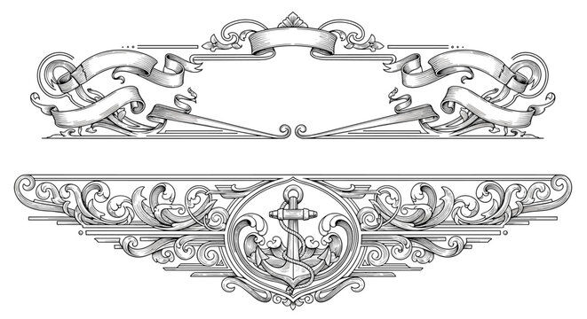 Set of highly detailed vintage nautical frames with scrolling ribbons and a central anchor motif in an elegant black and white sketch style.