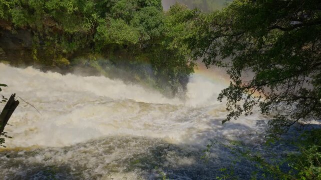 Powerful Zambezi river plunging over Victoria Falls creating misty spray and vibrant rainbow, southern Africa's raw nature at most iconic border landmark