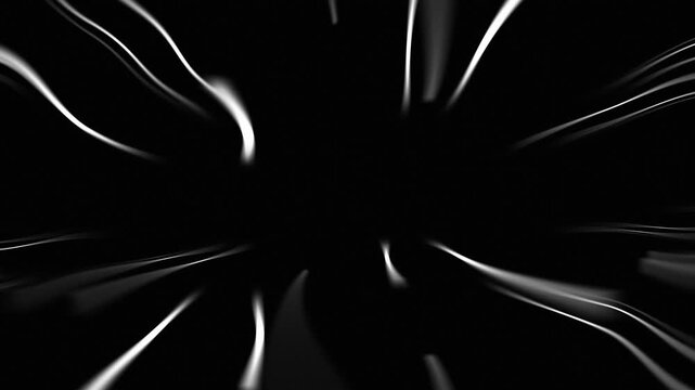 Abstract light streaks moving towards center on black background. Hyperspace warp effect in cosmic tunnel. Digital motion speed concept for scifi fantasy sequence.