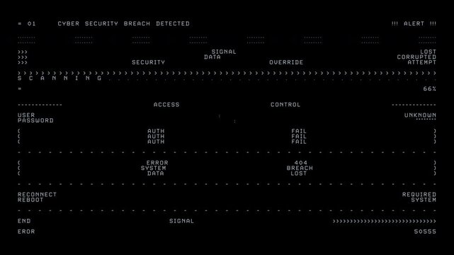 Cyber Security Breach Detected Terminal Interface with Signal Data Override and System Alert. Perfect for IT-related content hacking, data loss, system errors, and modern digital security branding.