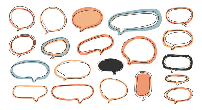 Set of colorful hand-drawn speech bubbles and comic clouds for text, conversation, and graphic design elements.
