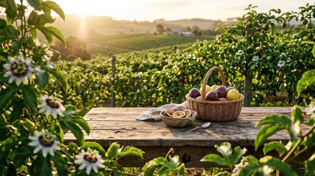 Basket of Passion Fruits on a Table with Passion Flowers and Orchard Sunset