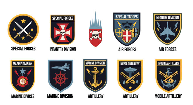 Collection of colorful military patches and badges representing special forces, infantry, marine, air, and artillery divisions.