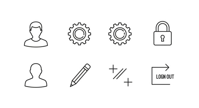 Collection of simple line art icons representing user profile settings and actions.