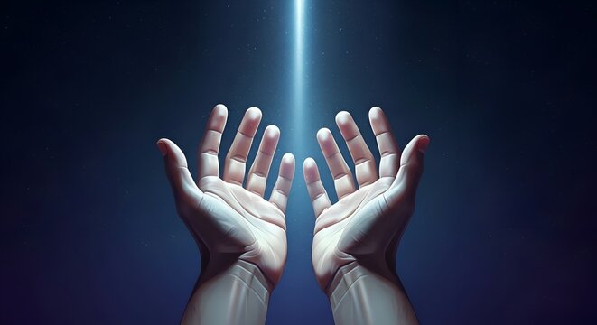 Hands with glowing blue light beams against dark background, fingers palms