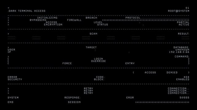 Cybersecurity Breach Protocol Terminal Interface with Firewall Bypass and Access Denied Error. Ideal for technology, cybersecurity, data protection, and computer programming themed projects.