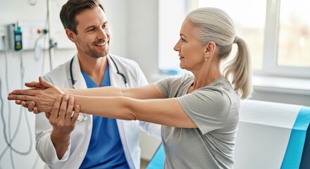 Obraz premium Doctor checking senior woman's arm for range of motion in medical office.