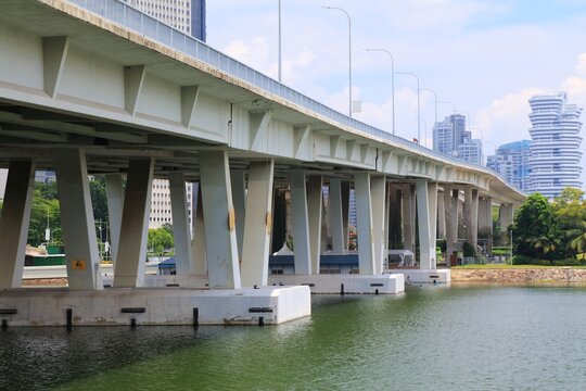 Road infrastructure of Singapore City. Transportation infrastructure - Benjamin Sheares Bridge, longest bridge in Singapore.