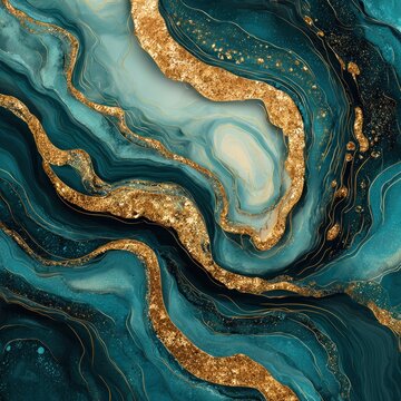Swirling patterns of deep teal and shimmering gold mimic natural mineral formations