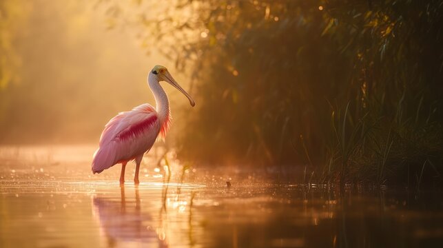 Pink bird wading in morning mist