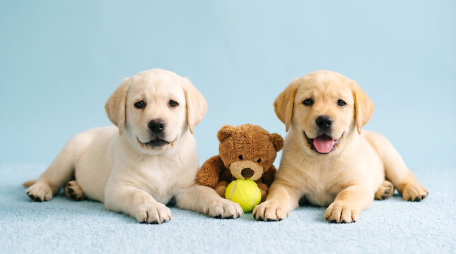 Two cute yellow labrador retriever puppies posing with a brown teddy bear and tennis ball