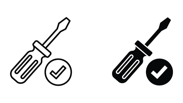 Checked screwdrivers icon set with approval symbol