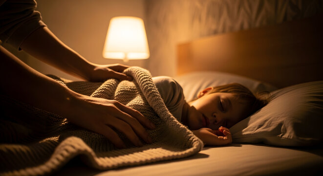 Celebrating Global Day of Parents with a heartwarming moment of a parent tucking a child in bed at home with love and care.