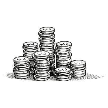 Hand-Drawn Illustration of Piles of Bahraini Dinar Coins on White Background, Economic Growth.