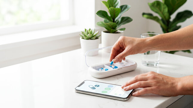 Person using medication tracker app with pill organizer