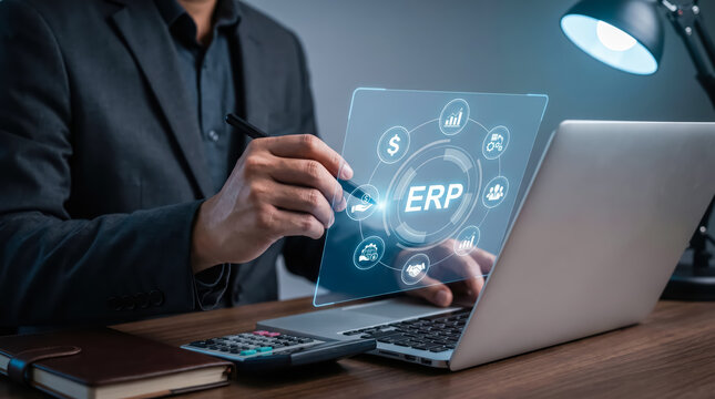 Businessman using erp software on laptop with digital interface for enterprise resource planning and business management