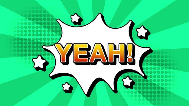 Yeah text word lettering popup comic cartoon reveal with bomb and smoke explosion manga anime book page dots with radial speed lines doodle teal background with seamless loop animation retro clip