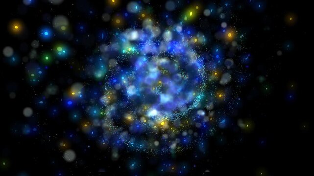 A bright galaxy made up of billions of particles glows neon and moves through space, scattering meteors and plasma.

