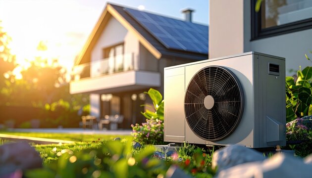 Modern air source heat pump installed in garden of contemporary sustainable home with solar panels during golden sunset hour